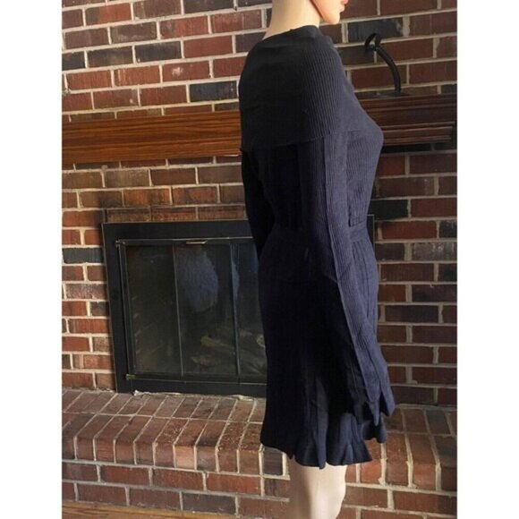 VERTIGO Cowl Neck Pleated Skirt Waist Tie Ribbed Knit Mini Dress Size M Black - Picture 10 of 16